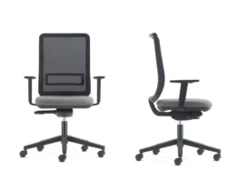 black mesh back office task chairs with a grey fabric seat