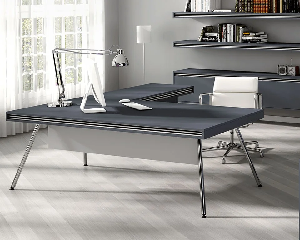 dark grey lacquered l-shaped designer desk with the optional stripes design