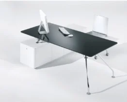 l- shaped designer executive desk with a black glass desk top