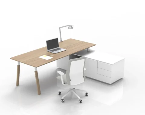 L-shaped light oak wood desk with white storage extension