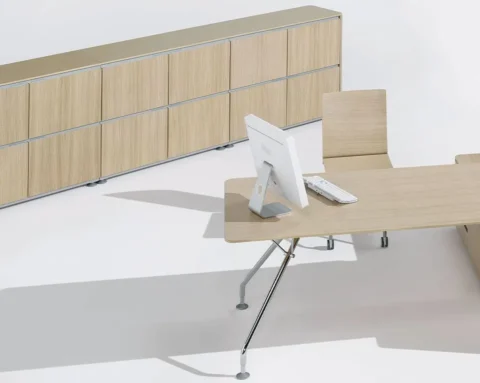 Modern executive desk with bleached oak desk top and drawers