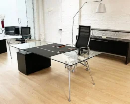 large clear glass executive desk with drawers