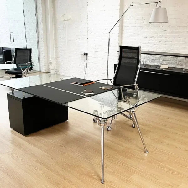 Clear glass executive desk with drawers