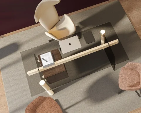 Luxury desk with a black smoked glass top and two fixed drawers