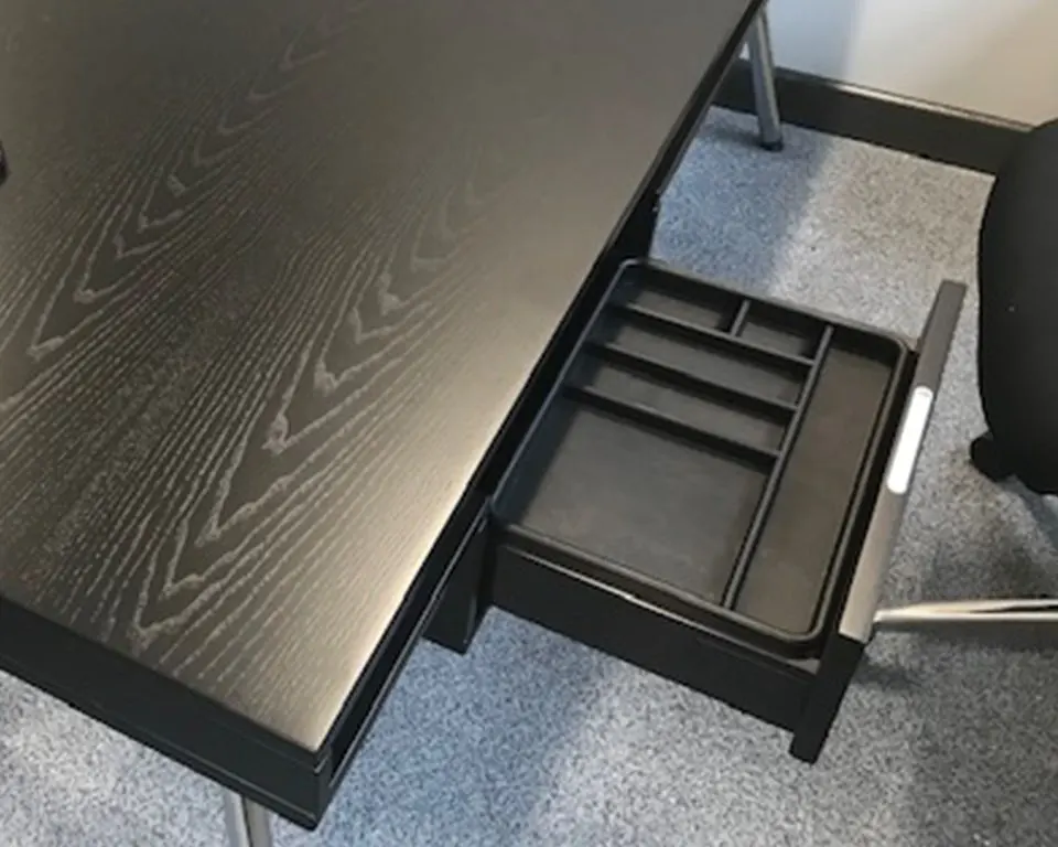 luxury black ash wood desk with a small personal drawer and pen tray