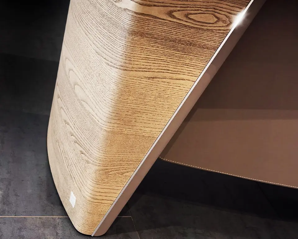 Luxury office desk with saddle leather leg and modesty panel