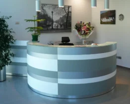 round reception desks composed of 3 curved modules
