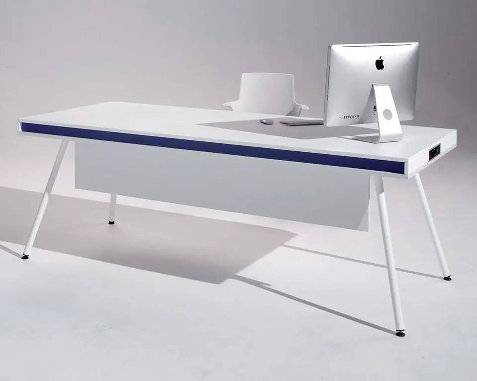 large white designer desk with a modesty panel  a blue band