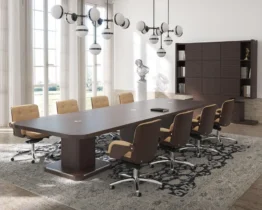 dark oak boardroom table with cable management