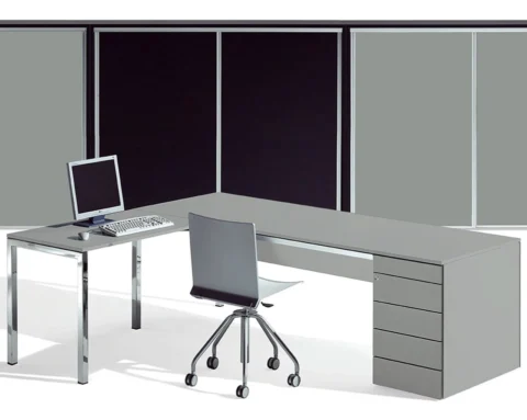 L- shaped large grey managers desk with drawers