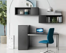 black home office desk with storage cupboard attached