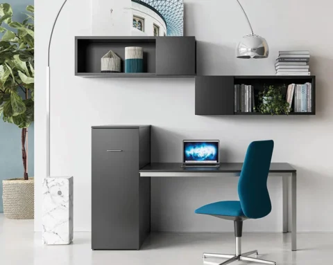 Black home office desk with storage cupboard attached