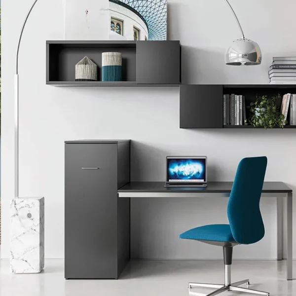 Black home office desk with storage cupboard attached