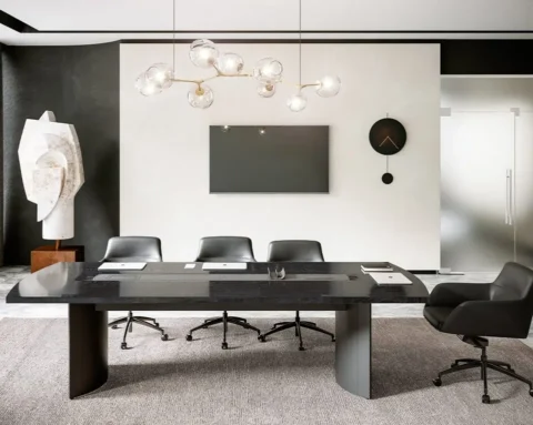 Black wood and leather boardroom table with cable management