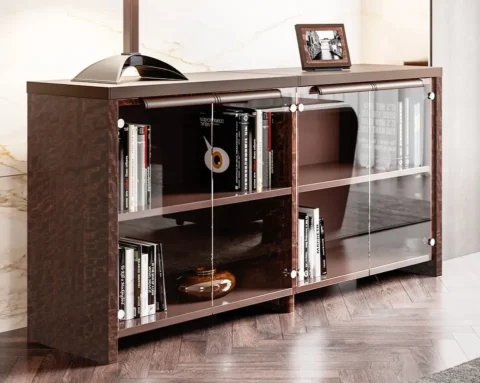 Modular glass fronted executive credenza with leather top and handles