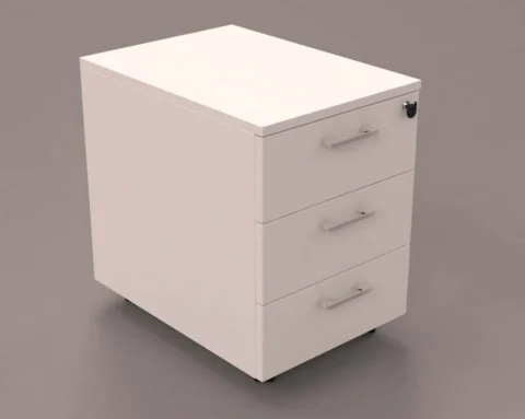 White mobile 3 drawer pedestal lockable with chrome handles