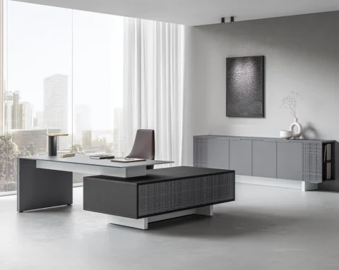 Luxury directors desks with a 2000 x 900 matt black glass top