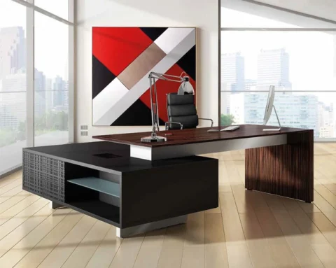 Large ebony executive desk with black side return