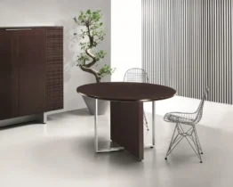 round dark oak wood meeting table to seat 4 people