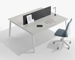 two person bench desk with fabric screen divider