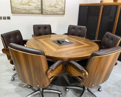Round taiko walnut table and nesi chairs