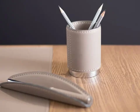 Luxury desk accessories in saddle stitched italian leather