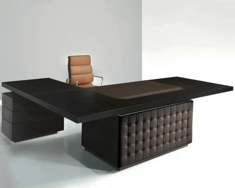 L- shaped executive desk with leather front panel