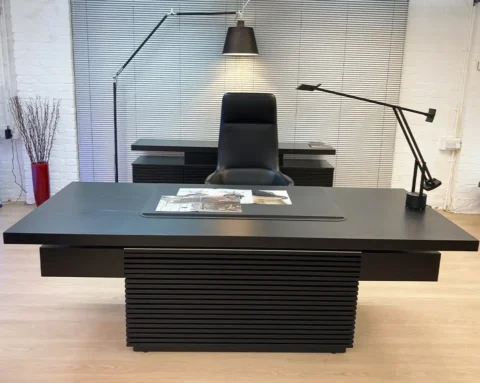 Large black ash wood and leather desk with drawers