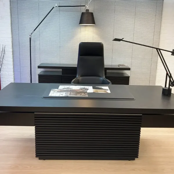 Large Black Ash Wood and Leather Desk with Drawers