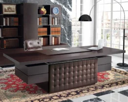 luxury taiko executive office desk in dark wood with a brown leather front panel