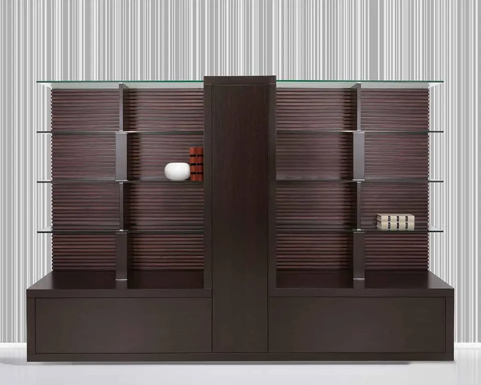 tall bookcase with glass shelves and hidden storage behind doors