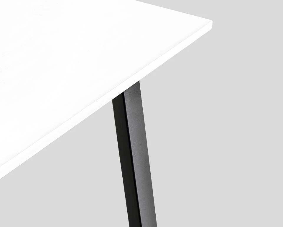 white laminate bench desks with black steel frames