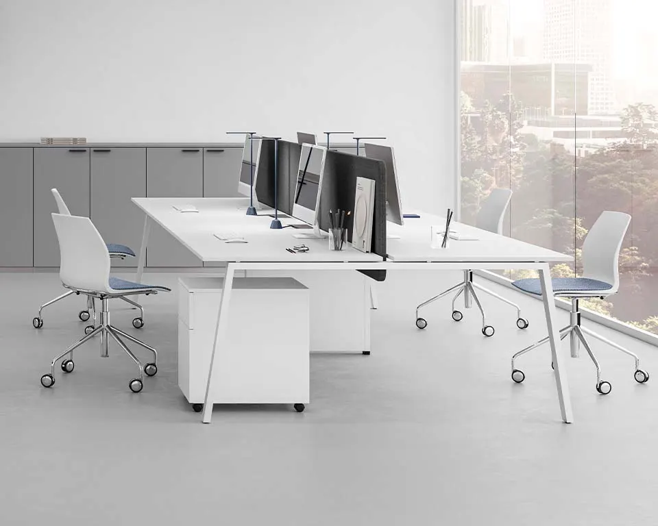 stylish four position white bench desks with mobile drawers