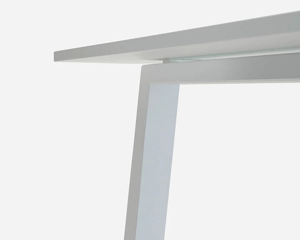 white laminate bench desks with white steel frames