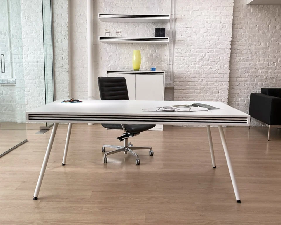 luxury white executive office desk with optional designer black stripes
