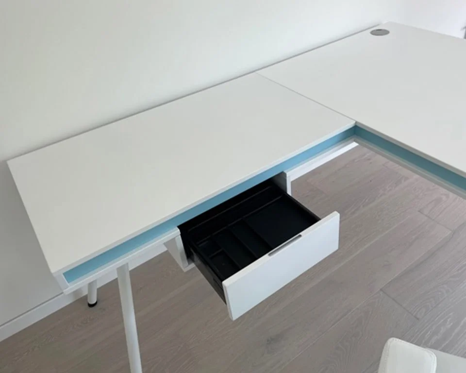 luxury white lacquered designer desk with a small personal drawer