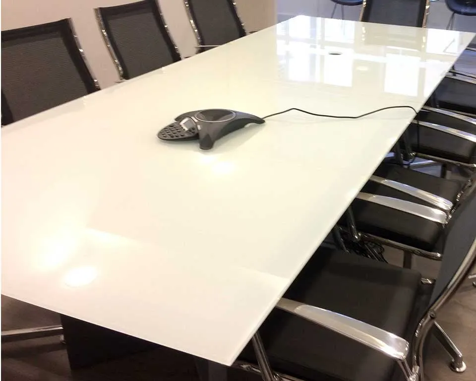 white glass conference room table to seat 8-10 people