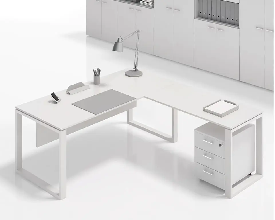 stunning white l-shaped workstation with  mobile drawers