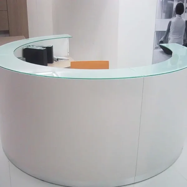 A Round white reception desk for a single user
