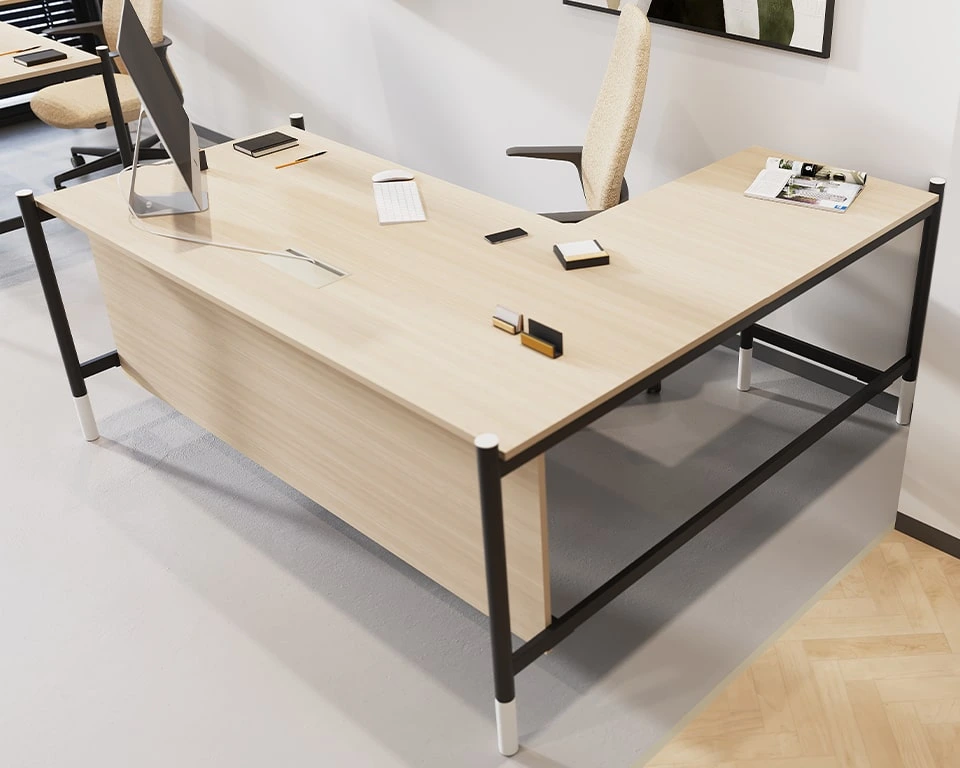 fantastic l- shaped managers desks with full depth modesty panel