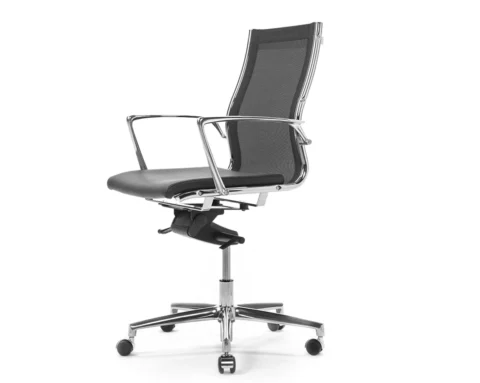 An elegant executive desk chair in black leather and mesh